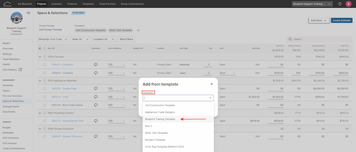Add Specs & Selections from a Template – Product Support Guide